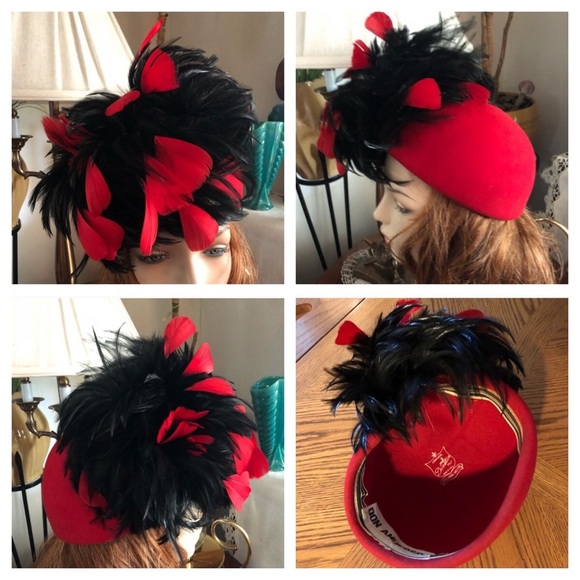 Vintage BOLLMAN Red Wool Cap Hat w Feathers